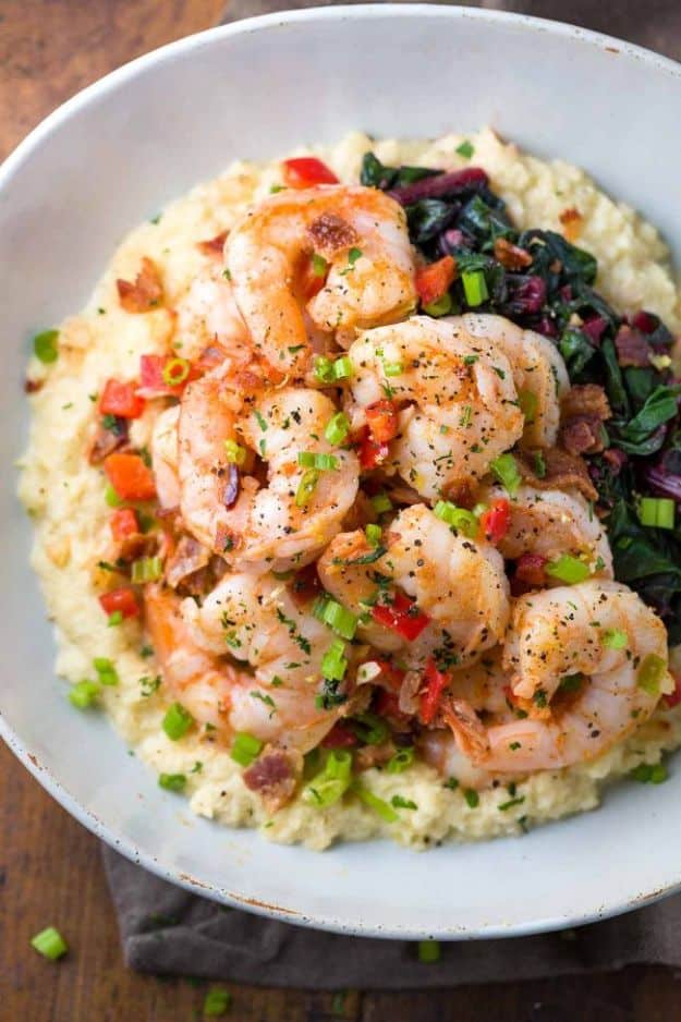Best Lowfat Recipes - Cauliflower Grits with Spicy Shrimp - Easy Low fat and Healthy Recipe Ideas For Eating Well and Dieting, Weight Loss - Quick Breakfasts, Lunch, Dinner, Snack and Desserts - Foods with Chicken, Vegetables, Salad, Low Carb, Beef, Egg, Gluten Free #lowfatrecipes 