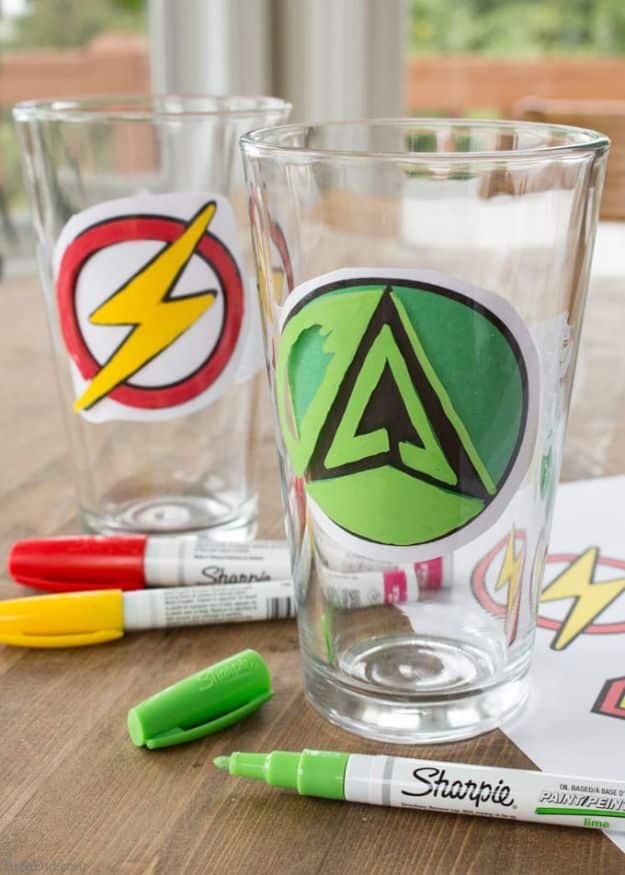 DIY Glassware - Custom DIY Sharpie Glasses With Superhero Logos - Cheap Kitchen and Home Decor Ideas