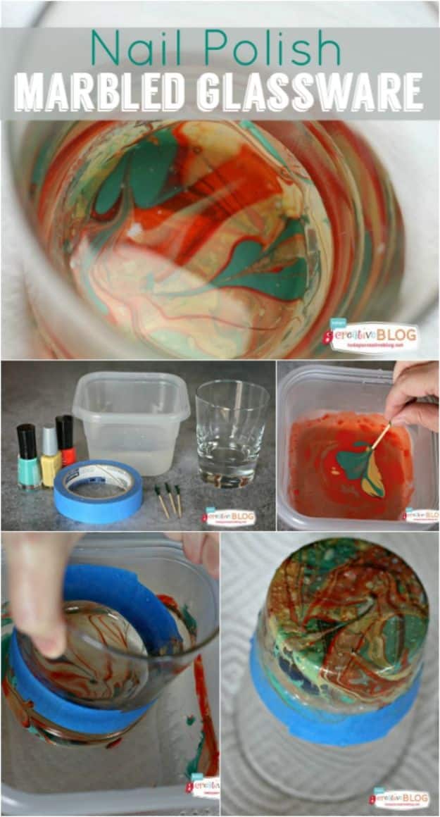 DIY Glassware - DIY Marbled Glassware Using Nail Polish - Cool Bar and Drink Glasses You Can Make and Decorate for Creative and Unique Serving Glass Ideas - Mugs, Cups, Decanters, Pitchers and Glass Ware Projects - Paint, Etch, Etching Tutorials, Dotted, Sharpie Art and Dishwasher Safe Decorating Tips - Easy DIY Gift Ideas for Him and Her - Handmade Home Decor DIY 