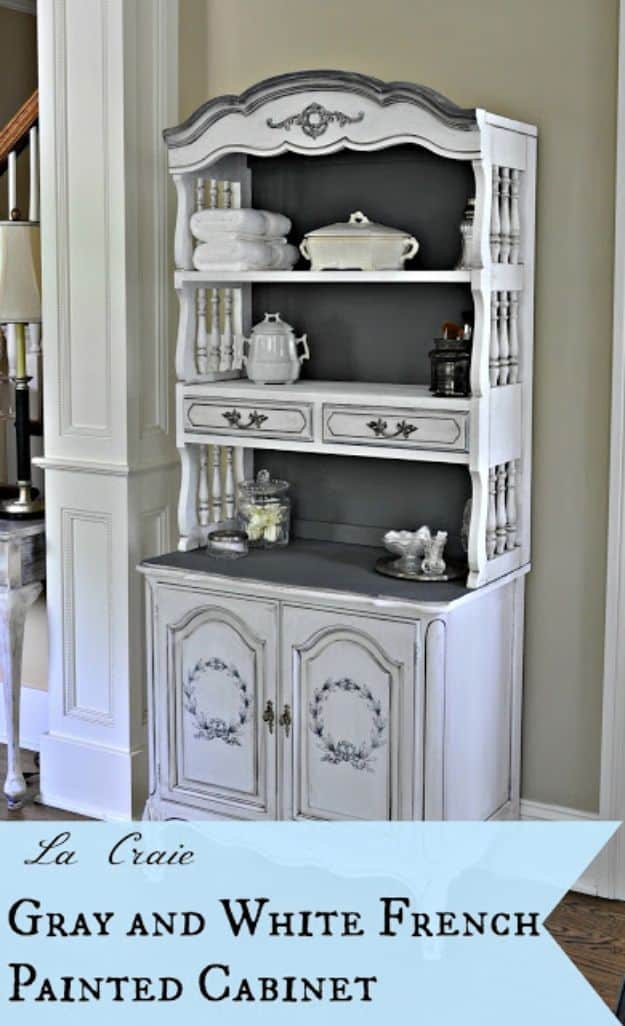 DIY Shabby Chic Decor Ideas - Gray And White French Painted Cabinet - French Farmhouse and Vintage White Linens - Bedroom, Living Room, Bathroom Ideas, Distressed Furniture and Boho Crafts - Cheap Dollar Store Projects and Upcycle Repurposed Home Decor #diyideas #shabbychic #diyhomedecor