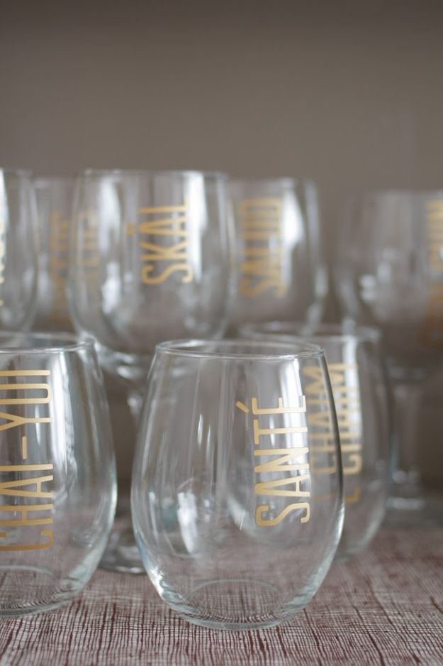 DIY Glassware - Languages of Cheers Glasses - Cool Bar and Drink Glasses You Can Make and Decorate for Creative and Unique Serving Glass Ideas - Mugs, Cups, Decanters, Pitchers and Glass Ware Projects - Paint, Etch, Etching Tutorials, Dotted, Sharpie Art and Dishwasher Safe Decorating Tips - Easy DIY Gift Ideas for Him and Her - Handmade Home Decor DIY 