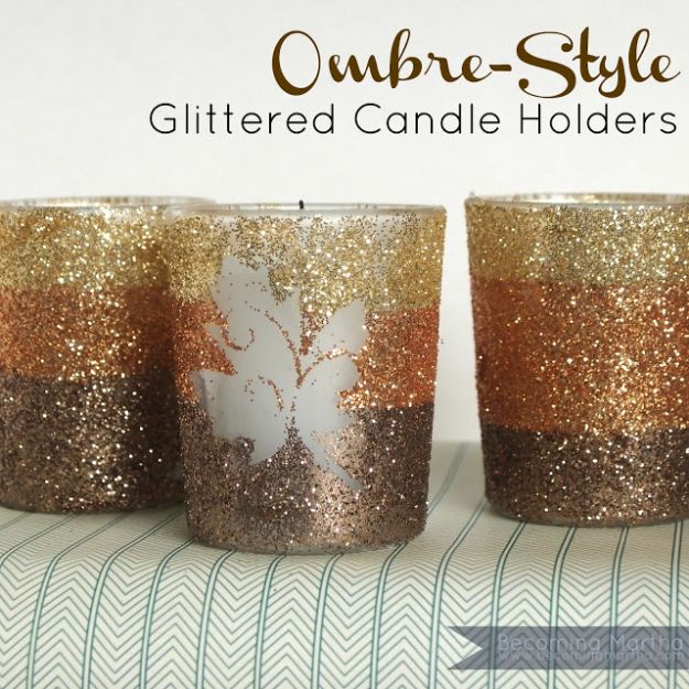 DIY Candle Holders - Ombre-Style Glittered Candle Holders - Easy Ideas for Home Decor With Candles, Tall Candlesticks and Votives - Fun Wooden, Rustic, Glass, Mason Jar, Boho and Projects With Items From Dollar Stores - Christmas, Holiday and Wedding Centerpieces - Cool Crafts and Homemade Cheap Gifts http://diyjoy.com/diy-candle-holders