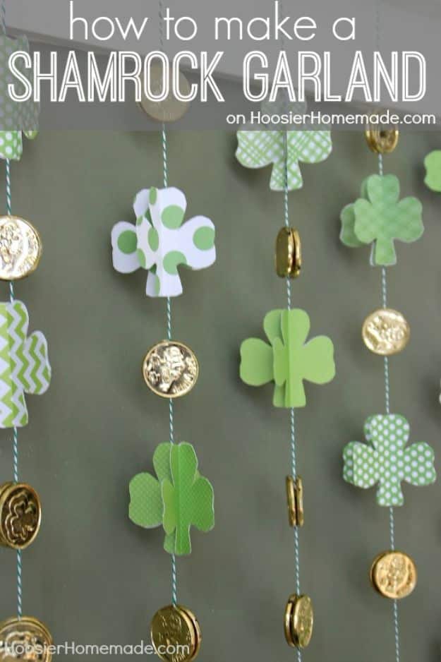 St Patricks Day Decor Ideas - Paper Shamrock And Gold Coin Garland - DIY St. Patrick's Day Party Decorations and Home Decor Crafts - Projects for Walls, Hanging Banners, Wreaths, Tabletop Centerpieces and Party Favors - Green Shamrocks, Leprechauns and Cute and Easy Do It Yourself Decor For Parties - Cheap Dollar Store Ideas for Those On A Budget http://diyjoy.com/diy-st-patricks-day-decor