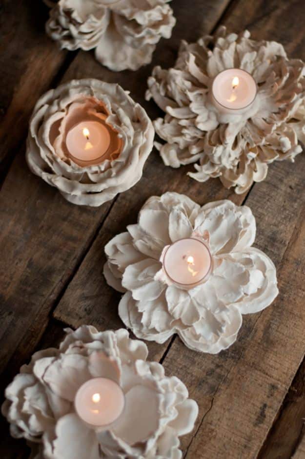DIY Candle Holders - Plaster Flower Votives - Easy Ideas for Home Decor With Candles, Tall Candlesticks and Votives - Fun Wooden, Rustic, Glass, Mason Jar, Boho and Projects With Items From Dollar Stores - Christmas, Holiday and Wedding Centerpieces - Cool Crafts and Homemade Cheap Gifts http://diyjoy.com/diy-candle-holders