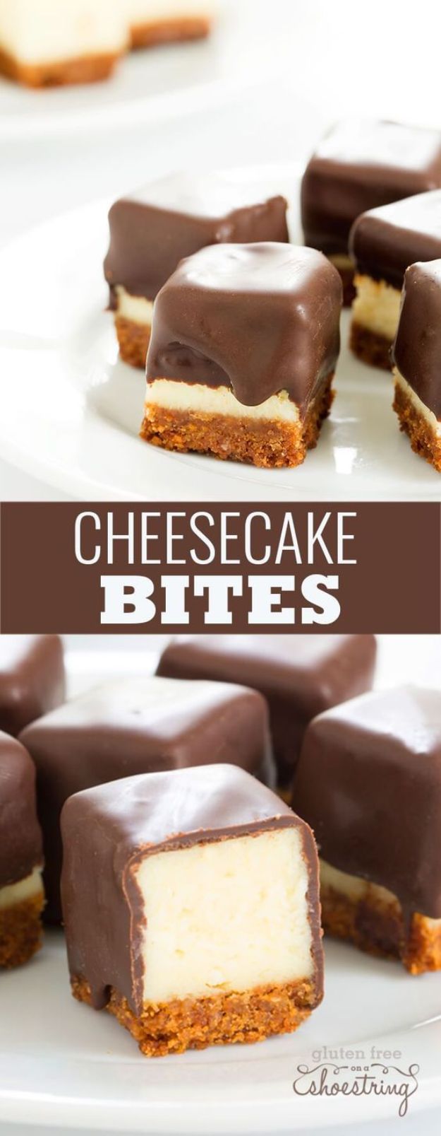 Gluten Free Desserts - Cheesecake Bites - Easy Recipes and Healthy Recipe Ideas for Cookies, Cake, Pie, Cupcakes, Cheesecake and Ice Cream - Best No Sugar Glutenfree Chocolate, No Bake Dessert, Fruit, Peach, Apple and Banana Dishes - Flourless Christmas, Thanksgiving and Holiday Dishes #glutenfree #desserts #recipes