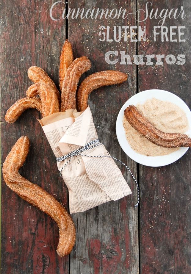 Gluten Free Desserts - Cinnamon Sugar Gluten Free Churros - Easy Recipes and Healthy Recipe Ideas for Cookies, Cake, Pie, Cupcakes, Cheesecake and Ice Cream - Best No Sugar Glutenfree Chocolate, No Bake Dessert, Fruit, Peach, Apple and Banana Dishes - Flourless Christmas, Thanksgiving and Holiday Dishes #glutenfree #desserts #recipes