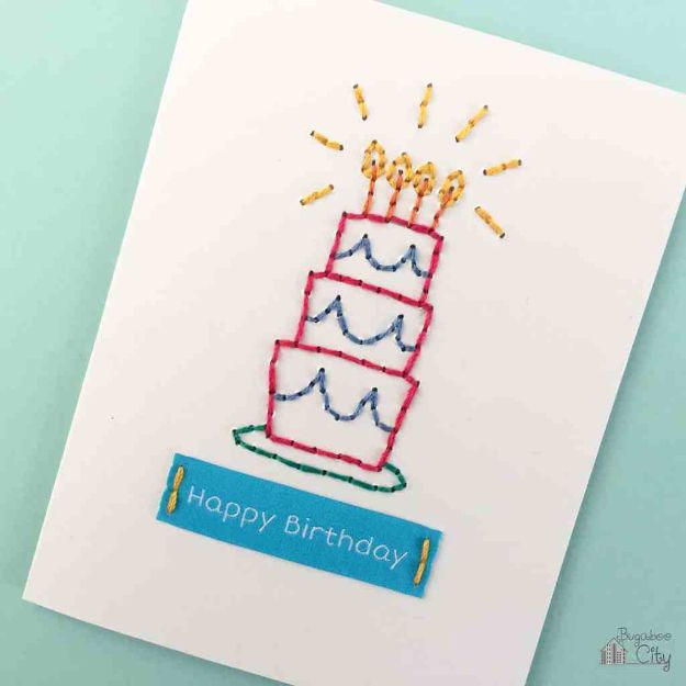 DIY Birthday Cards - DIY Embroidered Card - Easy and Cheap Handmade Birthday Cards To Make At Home - Cute Card Projects With Step by Step Tutorials are Perfect for Birthdays for Mom, Dad, Kids and Adults - Pop Up and Folded Cards, Creative Gift Card Holders and Fun Ideas With Cake #birthdayideas #birthdaycards