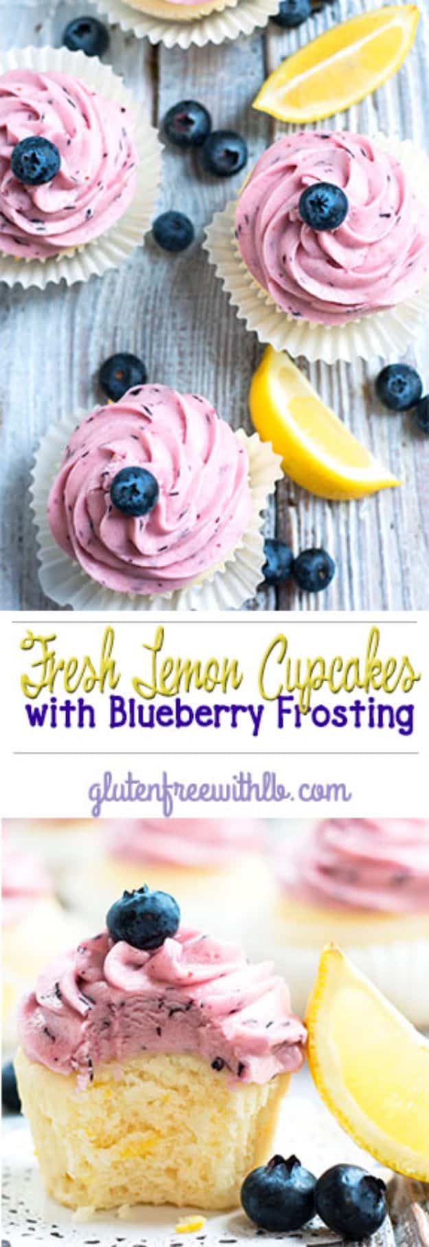 Gluten Free Desserts - Fresh Lemon Cupcakes With Blueberry Frosting - Easy Recipes and Healthy Recipe Ideas for Cookies, Cake, Pie, Cupcakes, Cheesecake and Ice Cream - Best No Sugar Glutenfree Chocolate, No Bake Dessert, Fruit, Peach, Apple and Banana Dishes - Flourless Christmas, Thanksgiving and Holiday Dishes #glutenfree #desserts #recipes