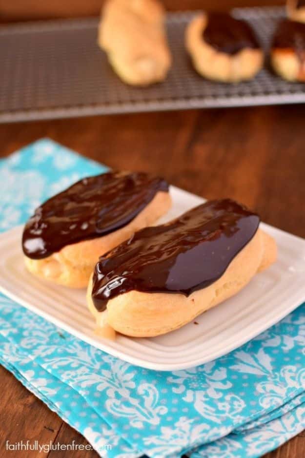 Gluten Free Desserts - Gluten Free Eclairs - Easy Recipes and Healthy Recipe Ideas for Cookies, Cake, Pie, Cupcakes, Cheesecake and Ice Cream - Best No Sugar Glutenfree Chocolate, No Bake Dessert, Fruit, Peach, Apple and Banana Dishes - Flourless Christmas, Thanksgiving and Holiday Dishes #glutenfree #desserts #recipes