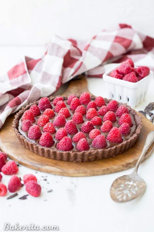 Gluten Free Desserts - No-Bake Raspberry Chocolate Tart - Easy Recipes and Healthy Recipe Ideas for Cookies, Cake, Pie, Cupcakes, Cheesecake and Ice Cream - Best No Sugar Glutenfree Chocolate, No Bake Dessert, Fruit, Peach, Apple and Banana Dishes - Flourless Christmas, Thanksgiving and Holiday Dishes #glutenfree #desserts #recipes