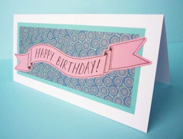 DIY Birthday Cards - Patterned Paper Banner Birthday Card - Easy and Cheap Handmade Birthday Cards To Make At Home - Cute Card Projects With Step by Step Tutorials are Perfect for Birthdays for Mom, Dad, Kids and Adults - Pop Up and Folded Cards, Creative Gift Card Holders and Fun Ideas With Cake #birthdayideas #birthdaycards