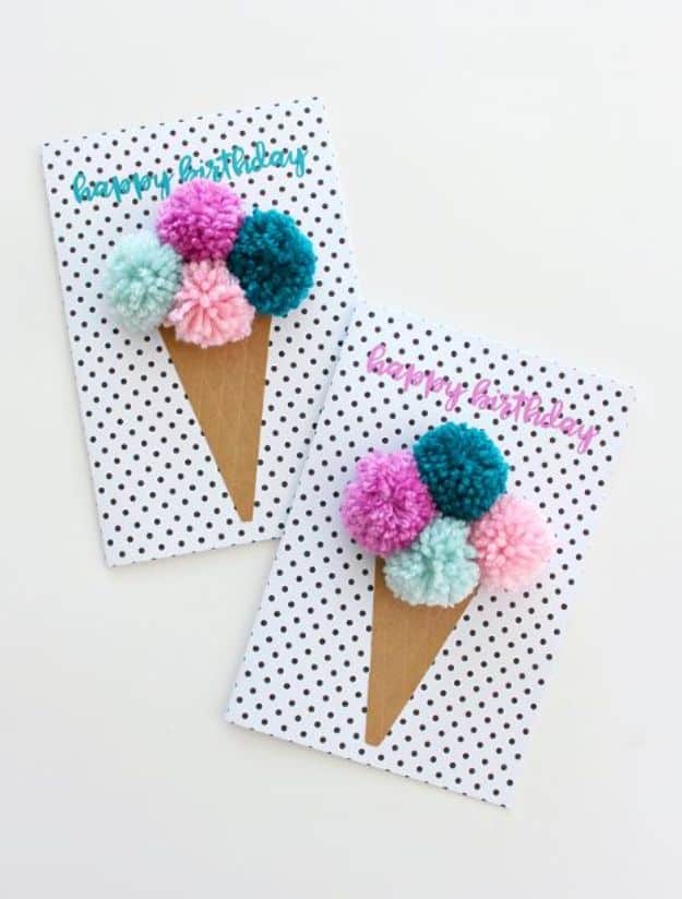 DIY Birthday Cards - Pom Pom Ice Cream Birthday Cards - Easy and Cheap Handmade Birthday Cards To Make At Home - Cute Card Projects With Step by Step Tutorials are Perfect for Birthdays for Mom, Dad, Kids and Adults - Pop Up and Folded Cards, Creative Gift Card Holders and Fun Ideas With Cake #birthdayideas #birthdaycards