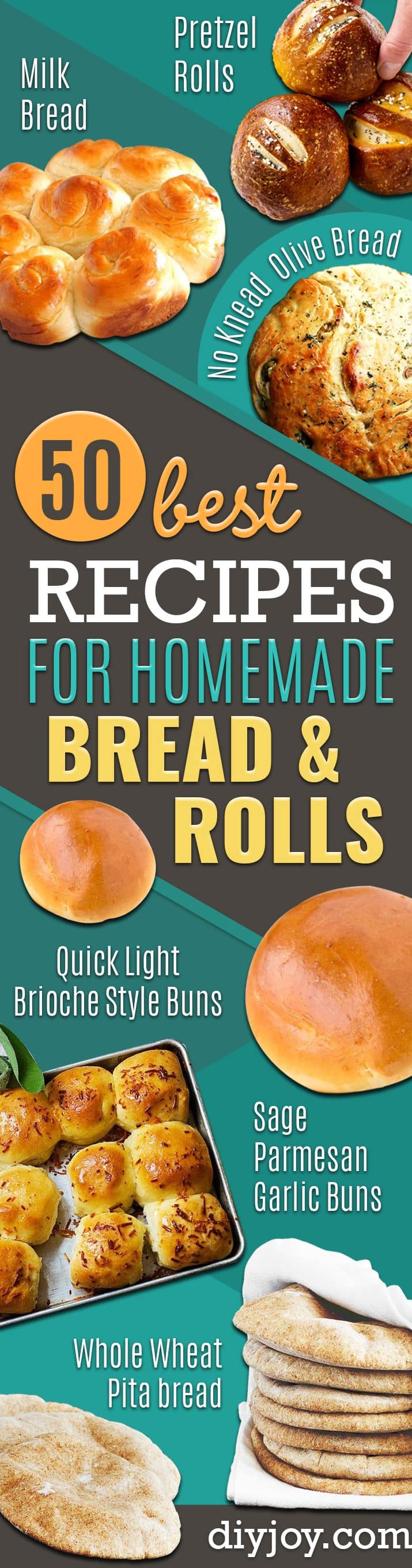 Homemade Bread Recipes - Quick Roll Recipes - Easy Dinner Rolls Recipe Ideas for Making Bread at Home - Sourdough, Milk, Crusty French Load, Pita, Pretzel and Brioche Buns - How to Make Homemade Rolls Easy