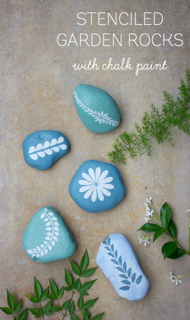 Creative Garden Art Ideas -Crafts for Outdoors - Cool Garden Art Ideas with Pebbles -How to Make Chalk Paint Stenciled Garden Rocks