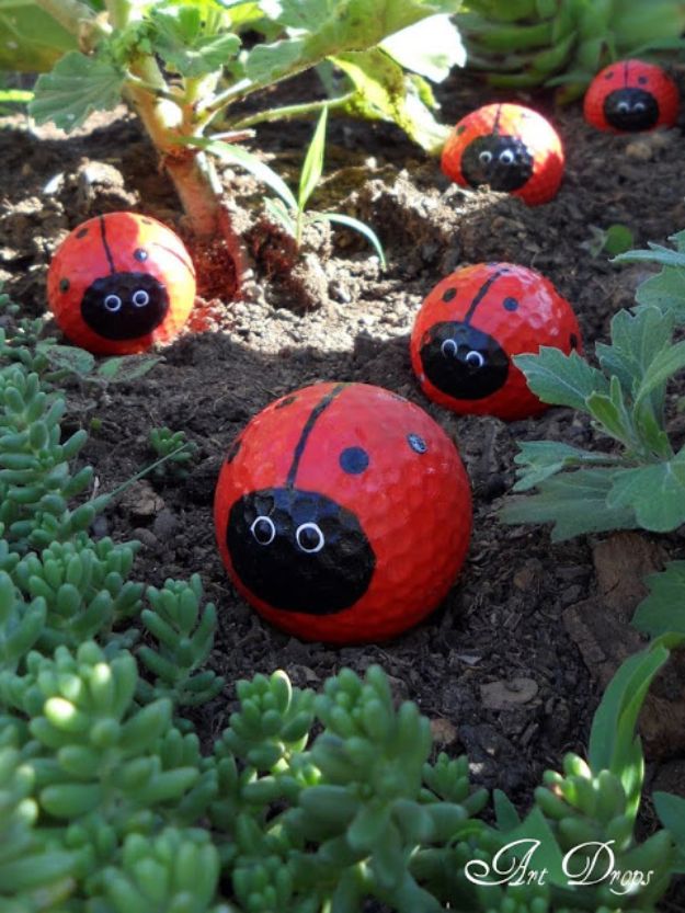 Creative Garden Art Ideas -Crafts for Outdoors - DYI Garden Ornaments to Make for Backyard Decoration - Golf Ball Ladybugs