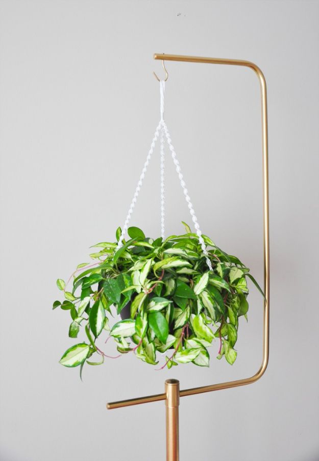 DIY Plant Hangers - DIY Macramé Plant Hanger And Gold Plant Stand - Cute and Easy Home Decor Ideas for Plants - How To Make Planters, Hanging Pot Holders, Wire, Rope and Baskets - Quick DIY Gifts Ideas, Macrame Plant Hanger #gardening #plants #diyideas
