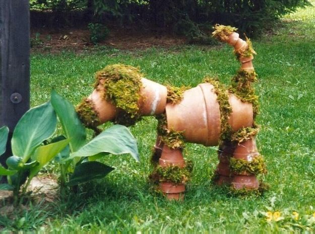 DIY Backyard Decor Ideas - Crafts for Outdoors - DYI Garden Ornaments to Make for Backyard Decoration - Thrift Store Crafts - Recycled Clay Pot Moss Dog Planter Tutorial