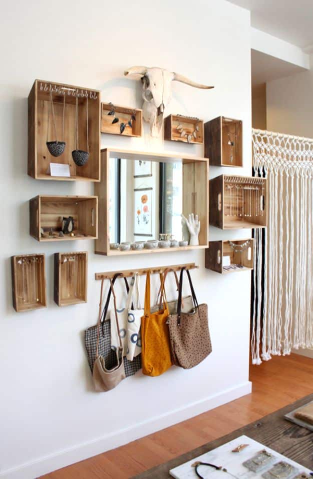 Gallery Wall Ideas - DIY Farmhouse Decor Projects - Wooden Crate Wall Art And Shelving In One