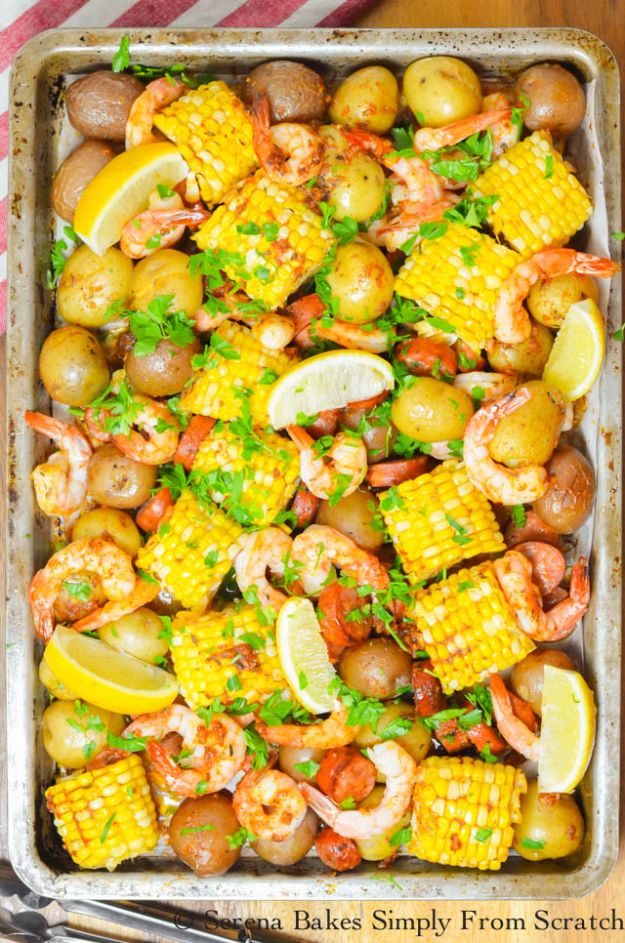 Shrimp Recipes - Cajun Shrimp Sausage Sheet Pan - Healthy, Easy Recipe Ideas for Dinner Using Shrimp - Grilled, Creamy Baked Pasta, Fried, Spicy Asian Style, Mexican, Sauteed Garlic