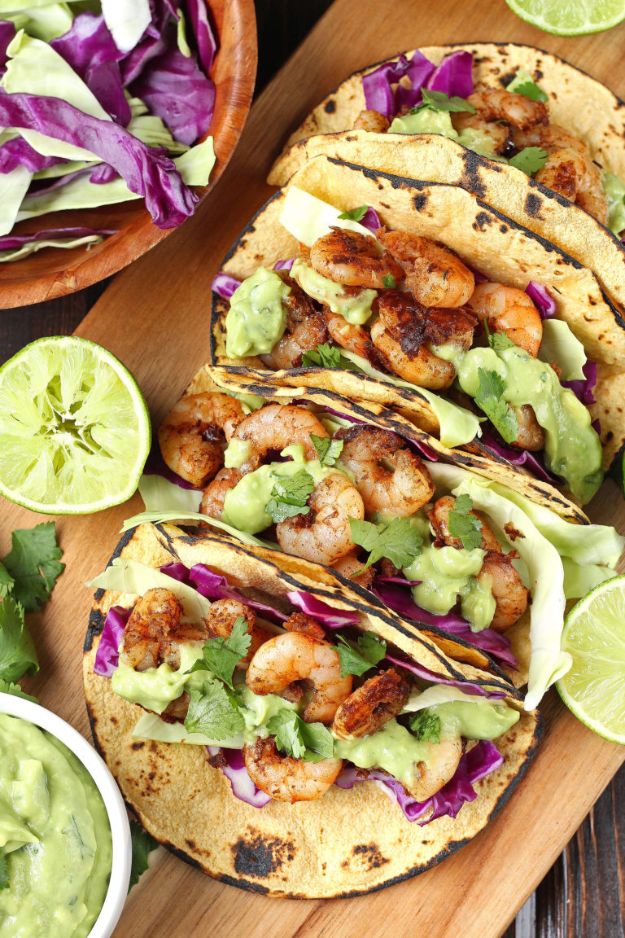Shrimp Recipes - Chili Lime Shrimp Tacos - Healthy, Easy Recipe Ideas for Dinner Using Shrimp - Grilled, Creamy Baked Pasta, Fried, Spicy Asian Style, Mexican, Sauteed Garlic