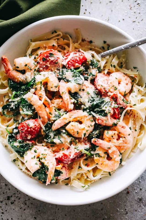 Shrimp Recipes - Creamy Shrimp Fettuccine - Healthy, Easy Recipe Ideas for Dinner Using Shrimp - Grilled, Creamy Baked Pasta, Fried, Spicy Asian Style, Mexican, Sauteed Garlic