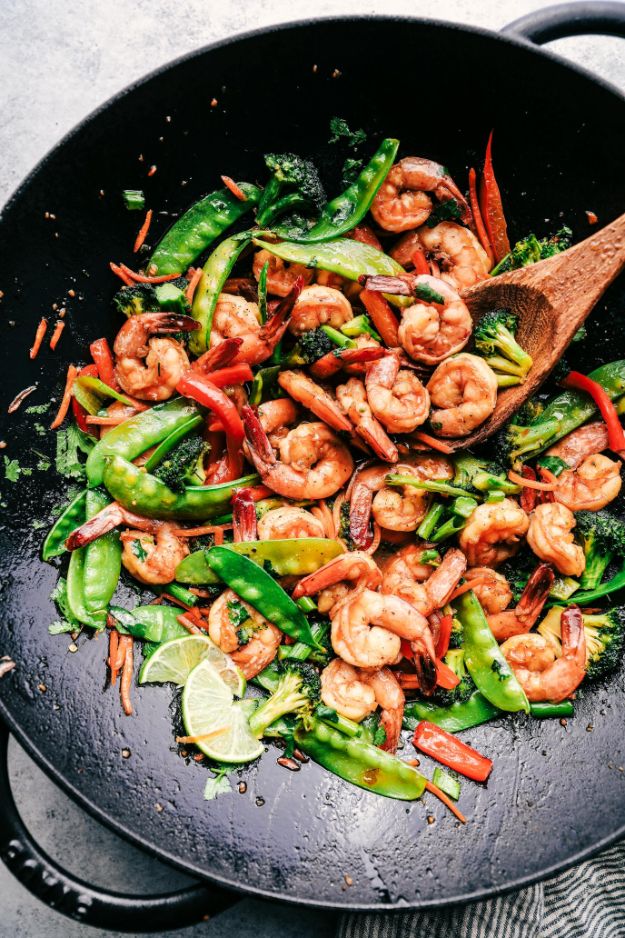 Easy Shrimp Recipes - Garlic Shrimp Stir Fry - Healthy, Easy Recipe Ideas for Dinner Using Shrimp - Grilled, Creamy Baked Pasta, Fried, Spicy Asian Style, Mexican, Sauteed Garlic