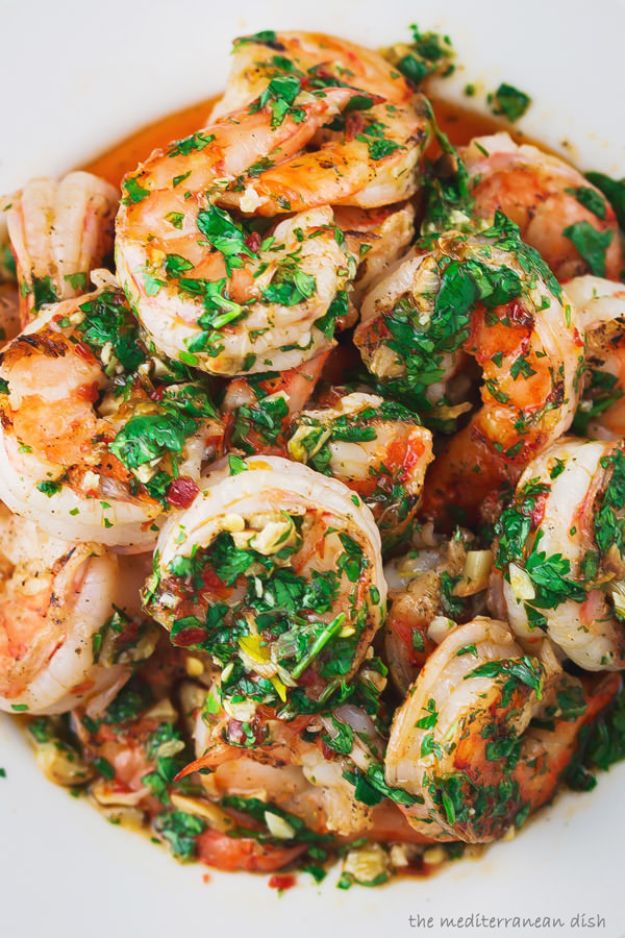 Shrimp Recipes - Grilled Shrimp With Garlic Cilantro Sauce - Healthy, Easy Recipe Ideas for Dinner Using Shrimp - Grilled, Creamy Baked Pasta, Fried, Spicy Asian Style, Mexican, Sauteed Garlic