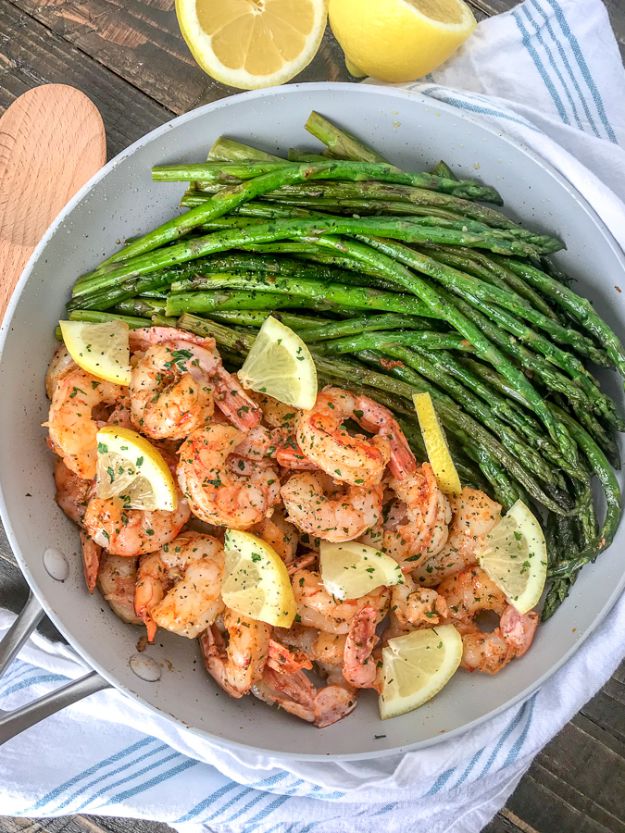 Fast Shrimp Recipes - Lemon Garlic Butter Shrimp with Asparagus - Healthy, Easy Recipe Ideas for Dinner Using Shrimp - Grilled, Creamy Baked Pasta, Fried, Spicy Asian Style, Mexican, Sauteed Garlic