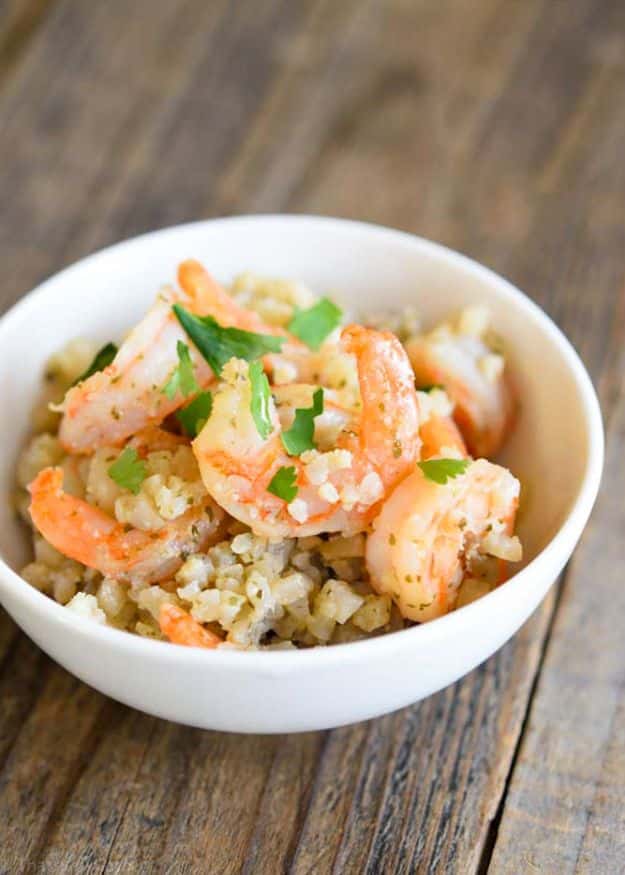 Shrimp Recipes - Low Carb Cauli-Rice & Shrimp - Healthy, Easy Recipe Ideas for Dinner Using Shrimp - Grilled, Creamy Baked Pasta, Fried, Spicy Asian Style, Mexican, Sauteed Garlic