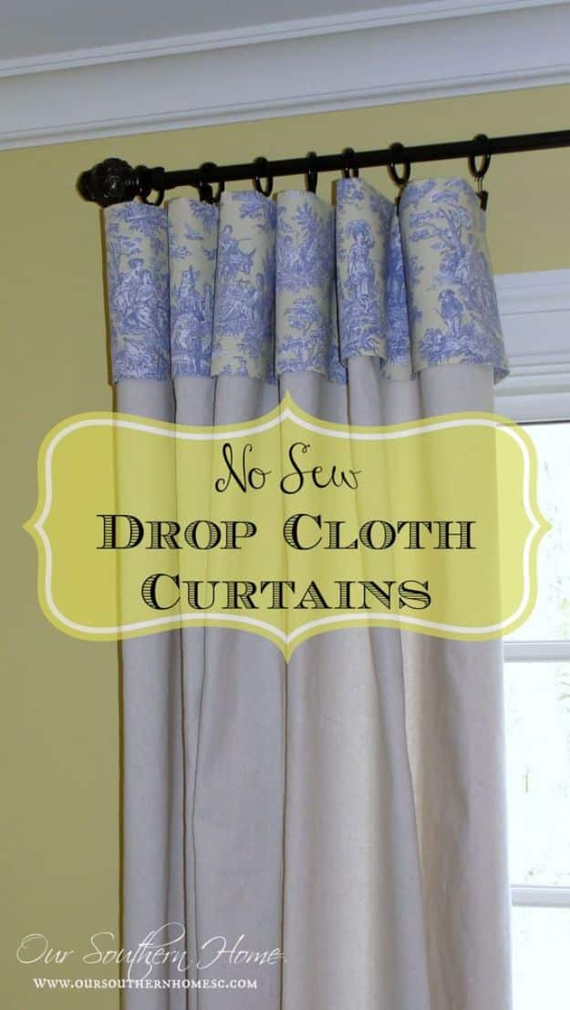 No Sew DIY Home Decor Ideas - No Sew Drop Cloth Curtains - Easy No Sew Projects to Make for Bedroom,. Kitchen, Bath - Crafts to Make and Sell, Blankets, No Sewing Project Ideas #nosew #diydecor #diygifts #homedecor