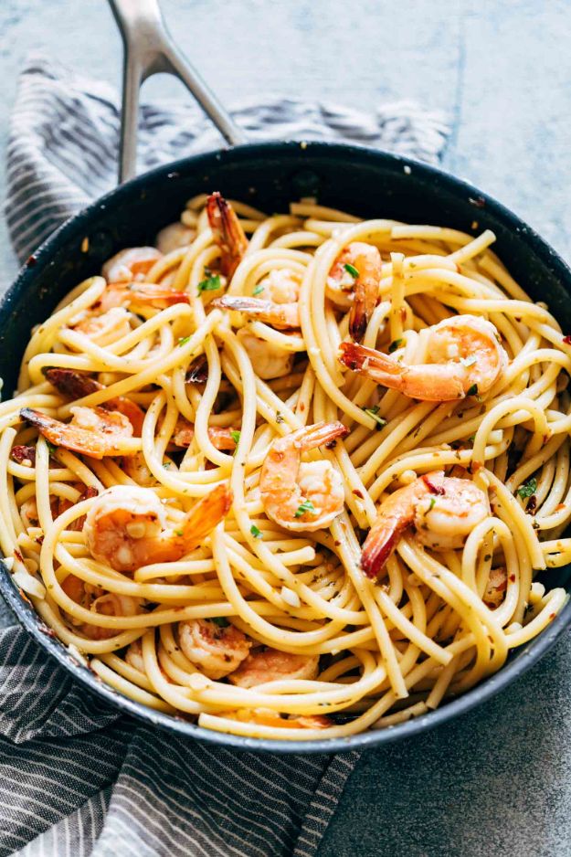 Shrimp Recipes - Shrimp Spaghetti Aglio Olio - Healthy, Easy Recipe Ideas for Dinner Using Shrimp - Grilled, Creamy Baked Pasta, Fried, Spicy Asian Style, Mexican, Sauteed Garlic