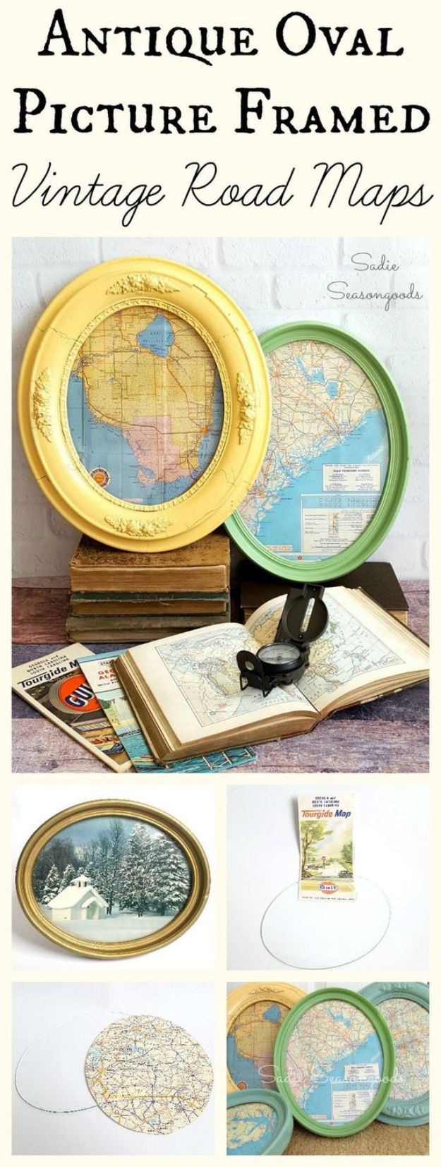 DIY Ideas With Maps - Antique Oval Framed Vintage Road Maps - Easy Crafts, Home Decor, Art and Gifts Your Can Make With A Map - Pinboard, Canvas, Painting, Paper Flowers, Signs Projects