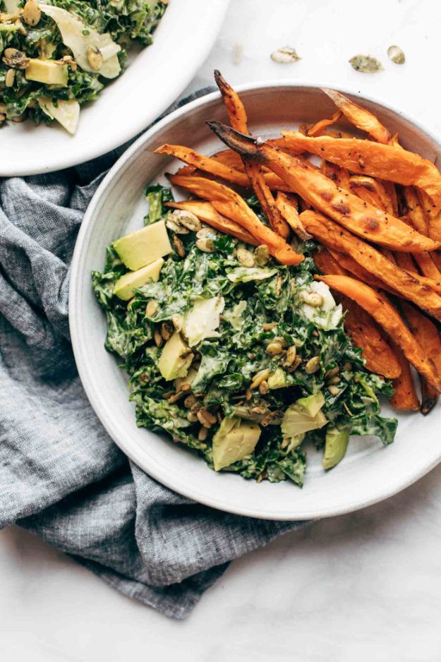 Best Kale Recipes - Avocado Kale Caesar Salad + Sweet Potato Fries - How to Cook Kale at Home - Healthy Green Vegetable Cooking for Salads, Soup, Lunches, Stir Fry and Dinner - Kale Chips. Salad, Shredded, Cooked, Fresh and Sauteed Kale - Vegan, Vegetarian, Keto, Low Carb and Lowfat Recipe Ideas #kale #kalerecipes #vegetablerecipes #veggies #recipeideas #dinnerideas 