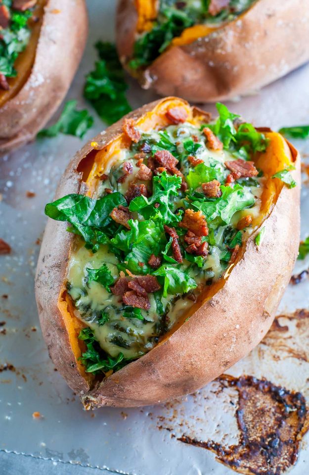 Best Kale Recipes - Cheesy Kale Stuffed Sweet Potatoes With Havarti & Garlic - How to Cook Kale at Home - Healthy Green Vegetable Cooking for Salads, Soup, Lunches, Stir Fry and Dinner - Kale Chips. Salad, Shredded, Cooked, Fresh and Sauteed Kale - Vegan, Vegetarian, Keto, Low Carb and Lowfat Recipe Ideas #kale #kalerecipes #vegetablerecipes #veggies #recipeideas #dinnerideas 