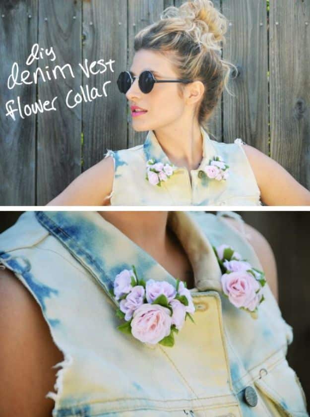 DIY Ideas With Faux Flowers - DIY Denim Vest Flower Collar - Paper, Fabric, Silk and Plastic Flower Crafts - Easy Arrangements, Wedding Decorations, Wall, Decorations, Letters, Cheap Home Decor