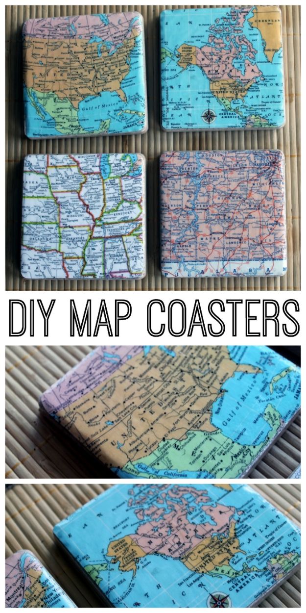 DIY Ideas With Maps - DIY Map Coasters - Easy Crafts, Home Decor, Art and Gifts Your Can Make With A Map - Pinboard, Canvas, Painting, Paper Flowers, Signs Projects