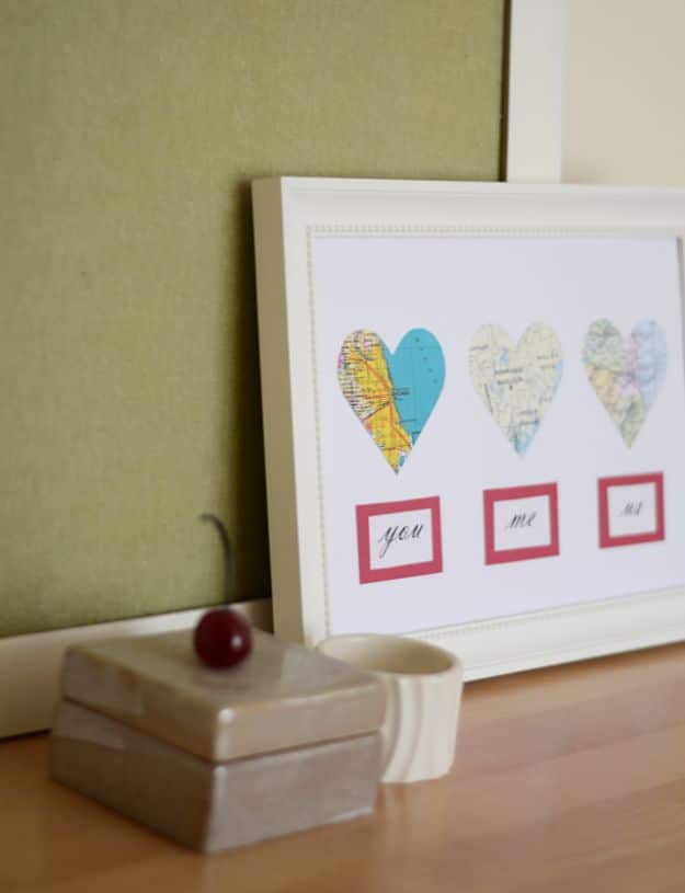 DIY Ideas With Maps - DIY Map Hearts - Easy Crafts, Home Decor, Art and Gifts Your Can Make With A Map - Pinboard, Canvas, Painting, Paper Flowers, Signs Projects