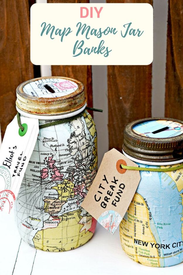 DIY Ideas With Maps - DIY Map Mason Jar Bank - Easy Crafts, Home Decor, Art and Gifts Your Can Make With A Map - Pinboard, Canvas, Painting, Paper Flowers, Signs Projects