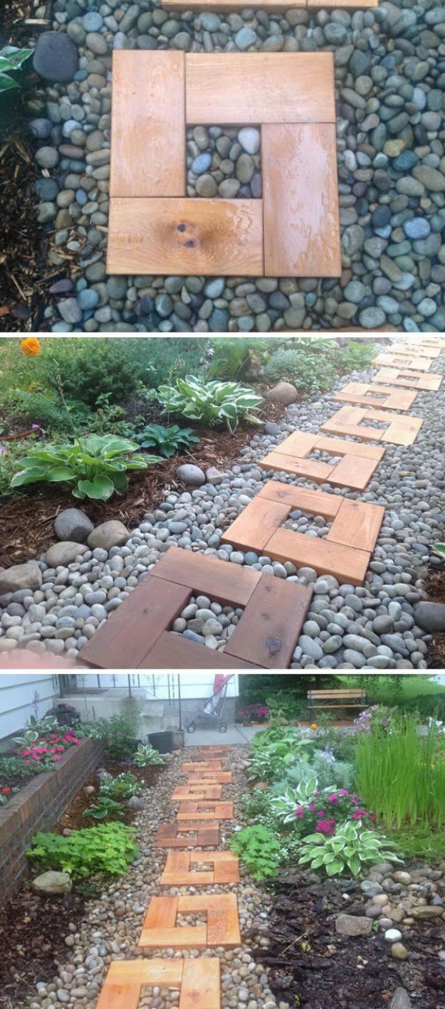 DIY Walkways - DIY Pathway of Cedar Stepping Stones and River Rock- Do It Yourself Walkway Ideas for Paths to The Front Door and Backyard - Cheap and Easy Pavers and Concrete Path and Stepping Stones - Wood and Edging, Lights, Backyard and Patio Walks With Gravel, Sand, Dirt and Brick #diyideas