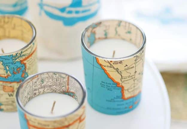 DIY Ideas With Maps - DIY Vintage Map Votive Candles - Easy Crafts, Home Decor, Art and Gifts Your Can Make With A Map - Pinboard, Canvas, Painting, Paper Flowers, Signs Projects