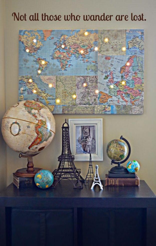 DIY Ideas With Maps - DIY World Map With Lights - Easy Crafts, Home Decor, Art and Gifts Your Can Make With A Map - Pinboard, Canvas, Painting, Paper Flowers, Signs Projects