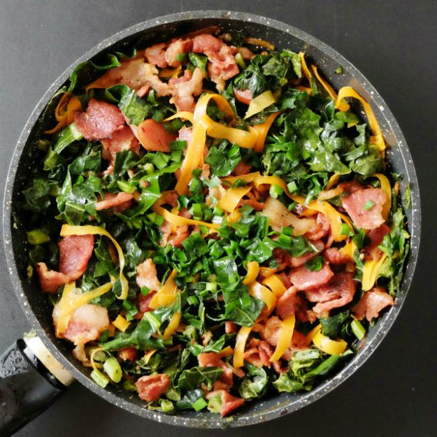 Best Kale Recipes - Easy Paleo Bacon Kale Skillet Meal - Healthy Green Vegetable Cooking for Salads, Soup, Lunches, Stir Fry and Dinner - Kale Chips. Salad, Shredded, Cooked, Fresh and Sauteed Kale - Vegan, Vegetarian, Keto, Low Carb and Lowfat Recipe Ideas #kale #kalerecipes #vegetablerecipes #veggies #recipeideas #dinnerideas 