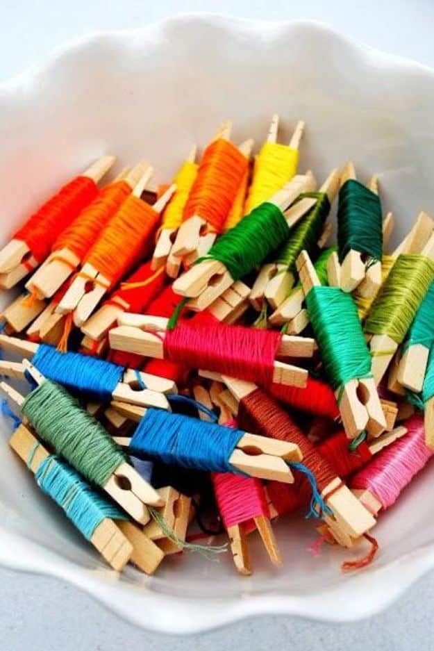 Craft Room Organization Ideas - Embroidery Floss Clothespins - DIY Dollar Store Projects for Crafts - Budget Ways to Declutter While Organizing Supplies - Shelves, IKEA Hacks, Small Space Ideas 