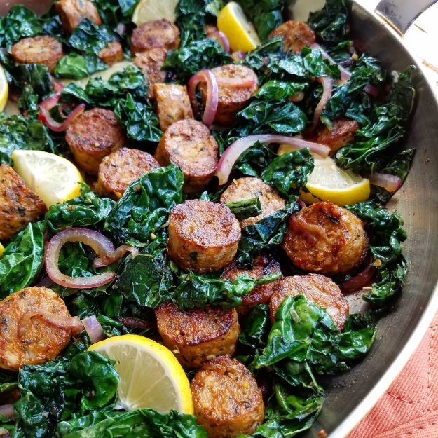 Best Kale Recipes - Lemon Pepper Chicken Sausage + Kale Stir Fry - How to Cook Kale at Home - Healthy Green Vegetable Cooking for Salads, Soup, Lunches, Stir Fry and Dinner - Kale Chips. Salad, Shredded, Cooked, Fresh and Sauteed Kale - Vegan, Vegetarian, Keto, Low Carb and Lowfat Recipe Ideas #kale #kalerecipes #vegetablerecipes #veggies #recipeideas #dinnerideas 