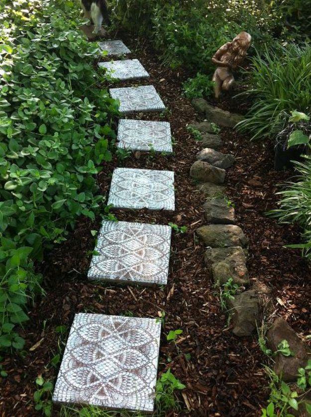 DIY Walkways - Make Lace-like Stepping Stones - Do It Yourself Walkway Ideas for Paths to The Front Door and Backyard - Cheap and Easy Pavers and Concrete Path and Stepping Stones - Wood and Edging, Lights, Backyard and Patio Walks With Gravel, Sand, Dirt and Brick #diyideas