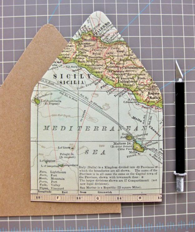 DIY Ideas With Maps - Map Lined Envelopes - Easy Crafts, Home Decor, Art and Gifts Your Can Make With A Map - Pinboard, Canvas, Painting, Paper Flowers, Signs Projects