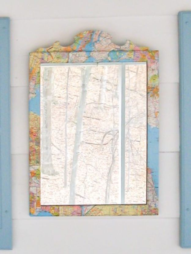 DIY Ideas With Maps - Map Mirror - Easy Crafts, Home Decor, Art and Gifts Your Can Make With A Map - Pinboard, Canvas, Painting, Paper Flowers, Signs Projects