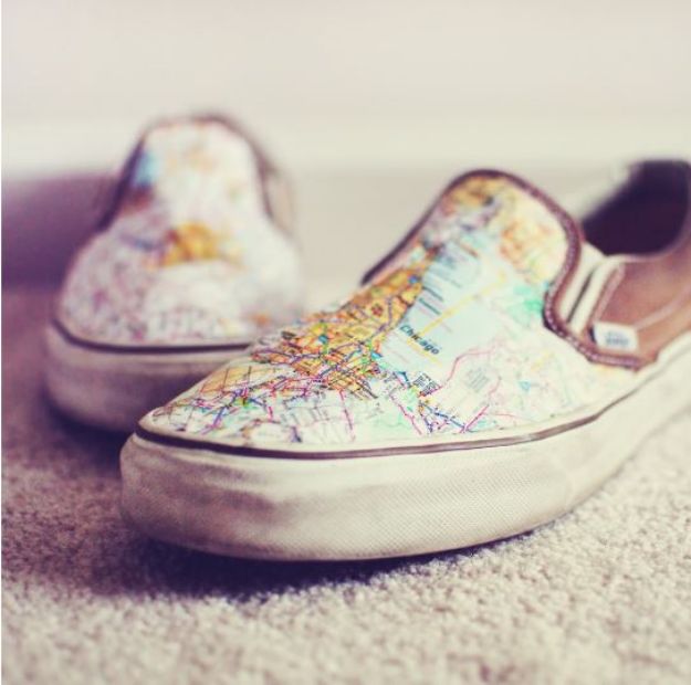 DIY Ideas With Maps - Map Shoes - Easy Crafts, Home Decor, Art and Gifts Your Can Make With A Map - Pinboard, Canvas, Painting, Paper Flowers, Signs Projects