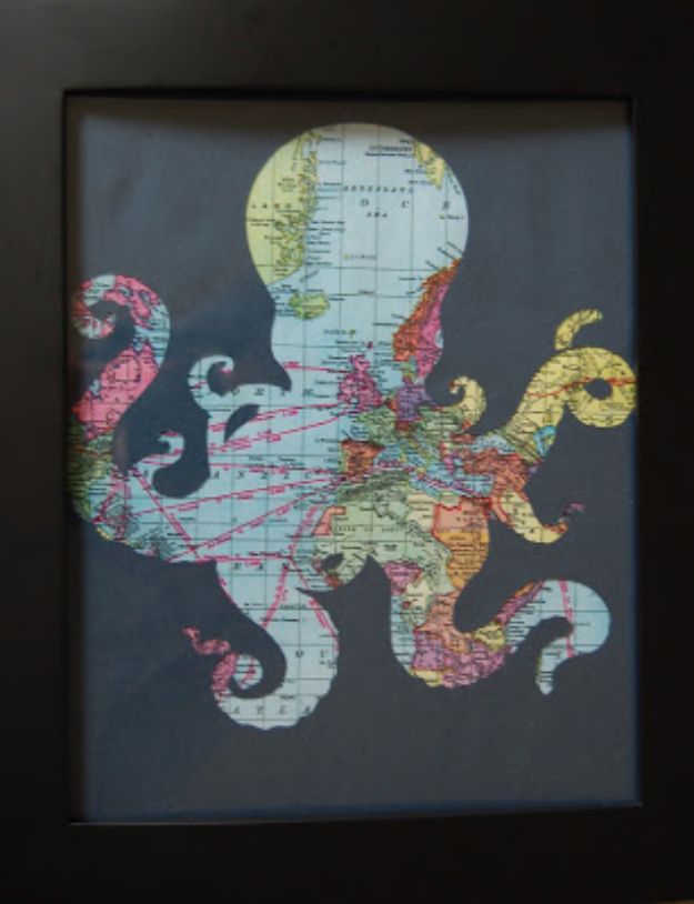 DIY Ideas With Maps - Octopus Frame Print for a Pirate Room - Easy Crafts, Home Decor, Art and Gifts Your Can Make With A Map - Pinboard, Canvas, Painting, Paper Flowers, Signs Projects