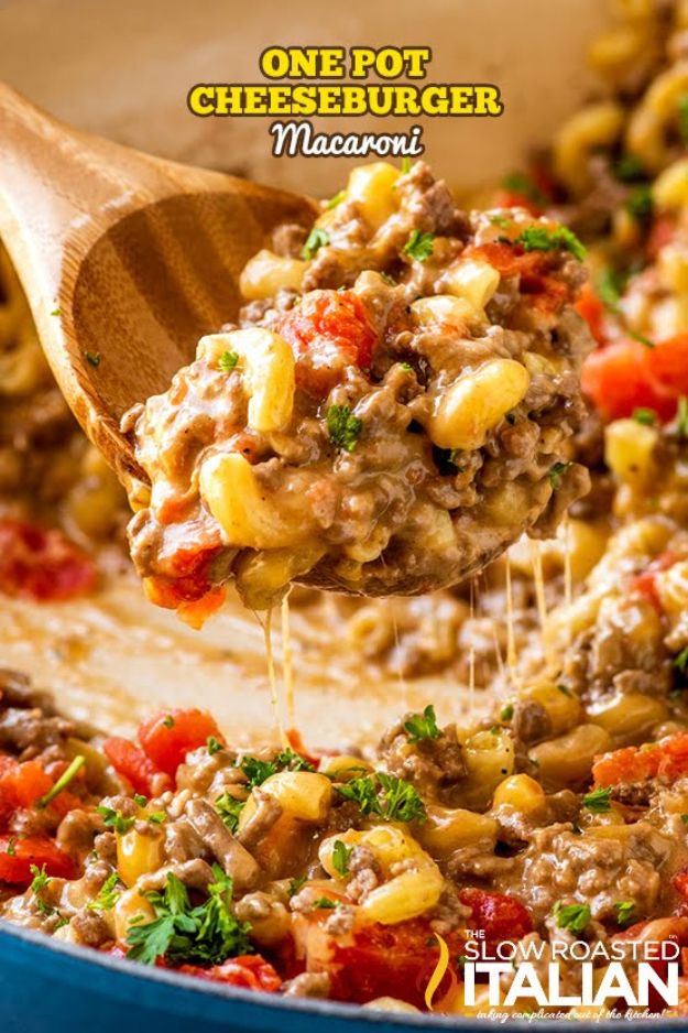 Easy Recipes With Ground Meat- One-Pot Cheeseburger Macaroni - Easy Dinners and Ground Beef Recipe Ideas - Quick Lunch Salads, Casseroles, Tacos, One Skillet Meals - Healthy Crockpot Foods With Hamburger Meat - Mexican Casserole, Instant Pot Carne Molida, Low Carb and Keto Diet - Rice, Pasta, Potatoes and Crescent Rolls #groundbeef #beefrecipes 